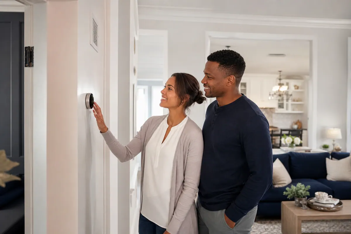 Homeowners comfortably adjusting their thermostat